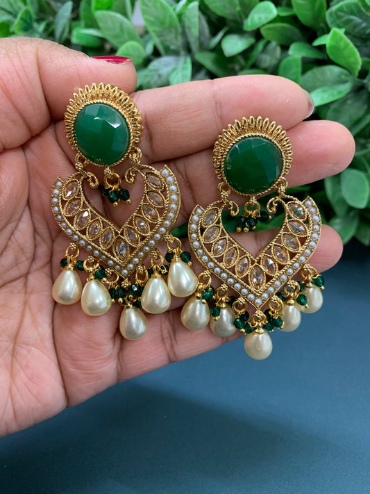 Dona Monalisa polki Chandbali Earring emerald green