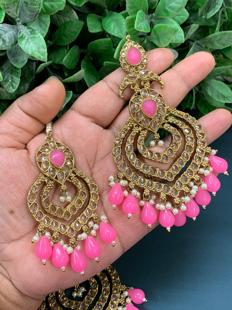 Tara polki Chandbali earring with matching tikka pink