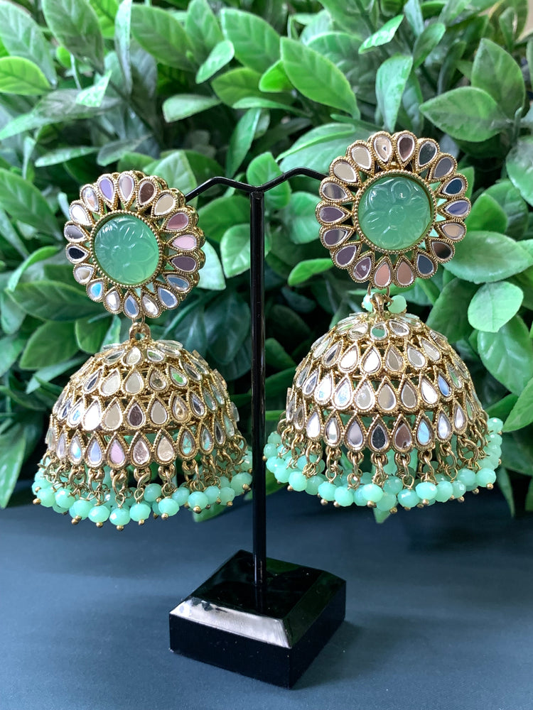 Romi mirror kundan jhumki/ jhumka earring pistachio green