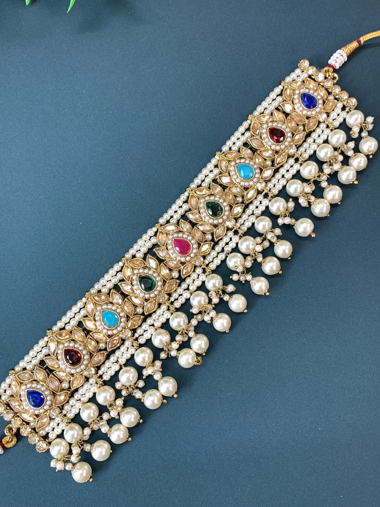 Mahera kundan choker set with matching chandbali and tikka multi