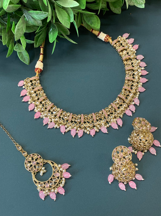 Allan polki necklace with jhumki tikka blush pink