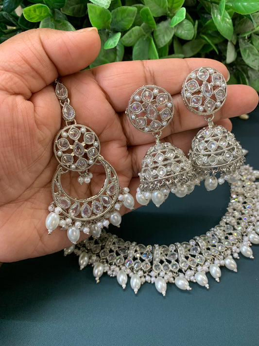 Allan polki necklace with jhumki tikka silver