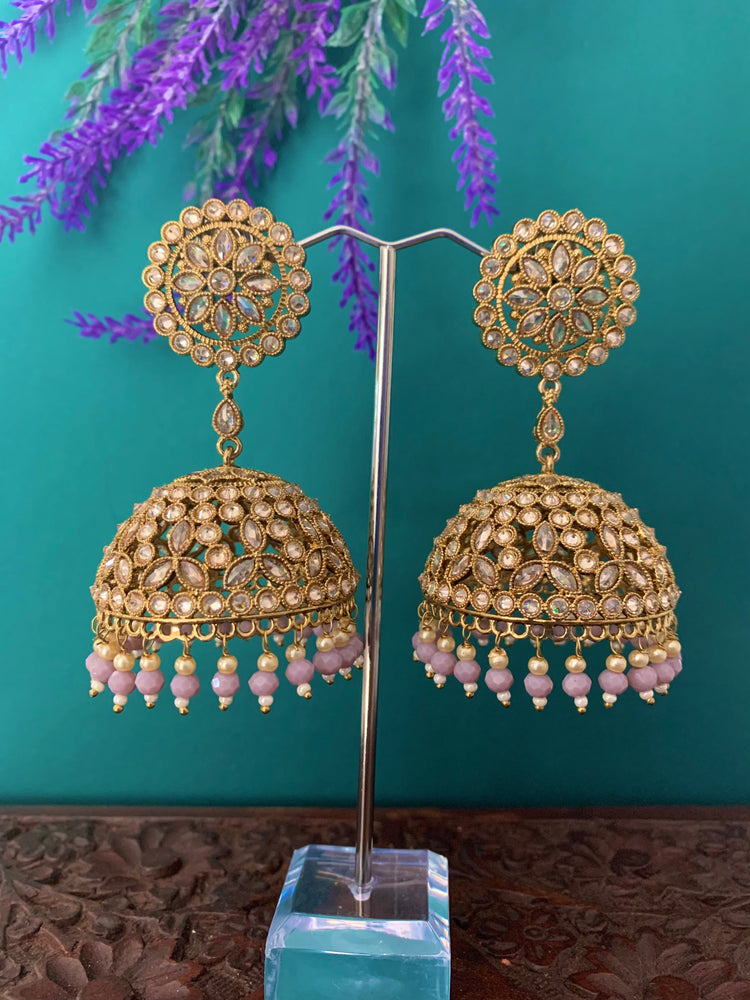 Rashi polki statement jhumki earring antique polki/ white pearl /mauve