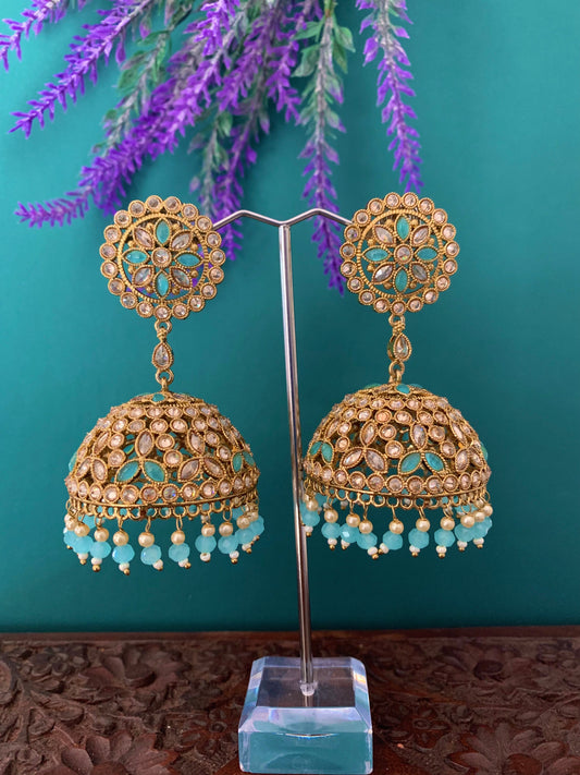 Rashi polki statement jhumki earring antique polki/ white pearl /sky blue / light blue