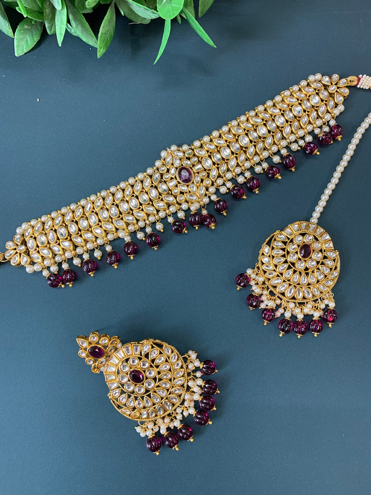 Tessa kundan choker set with matching chandbali and tikka dark purple