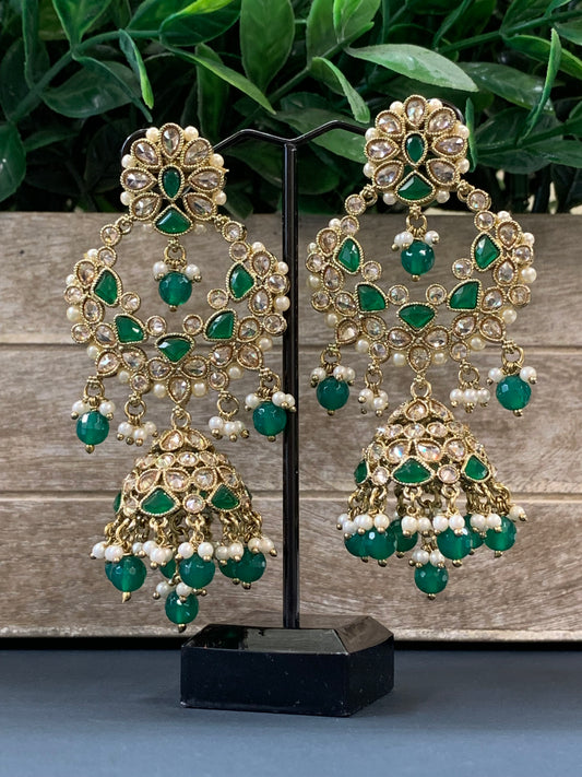 Hadia polki jhumki earring antique polk/ gold / emerald green