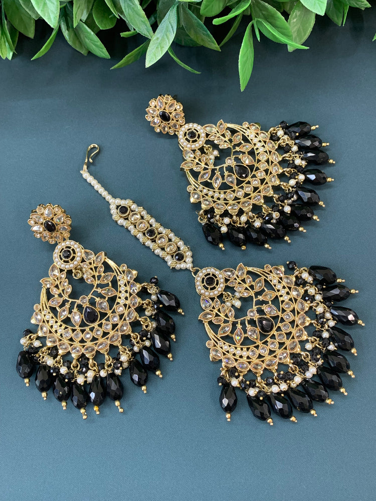 Bulbul polki statement earring tikka set antique gold/ crystal black