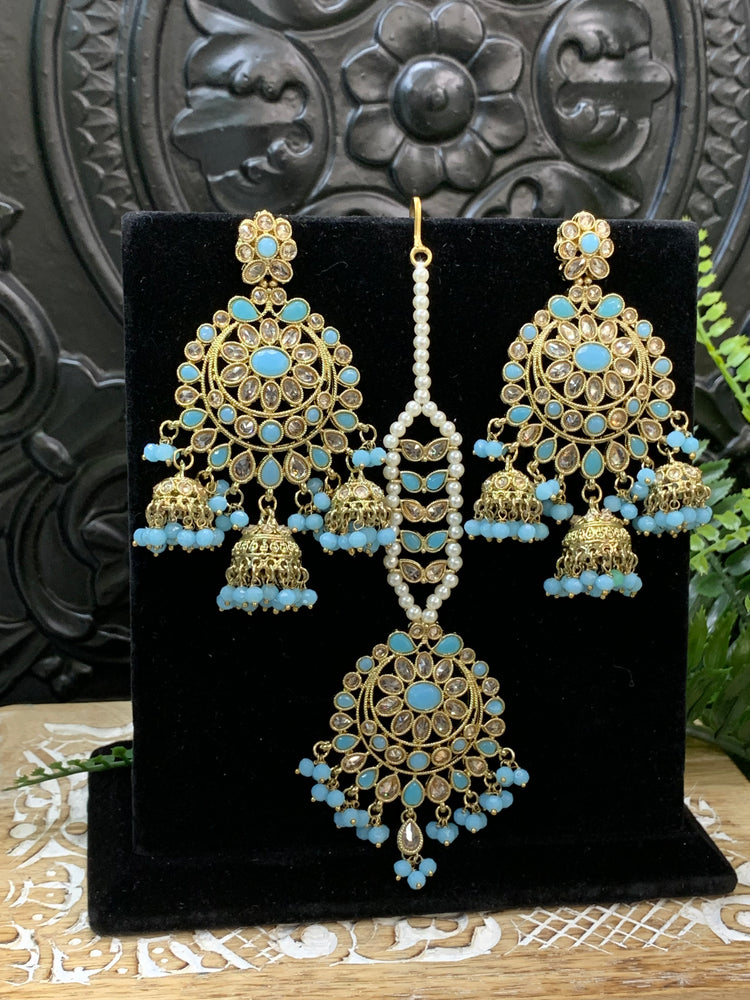 Kiana polki triple jhumki Chandbali style earring with matching tikka light blue