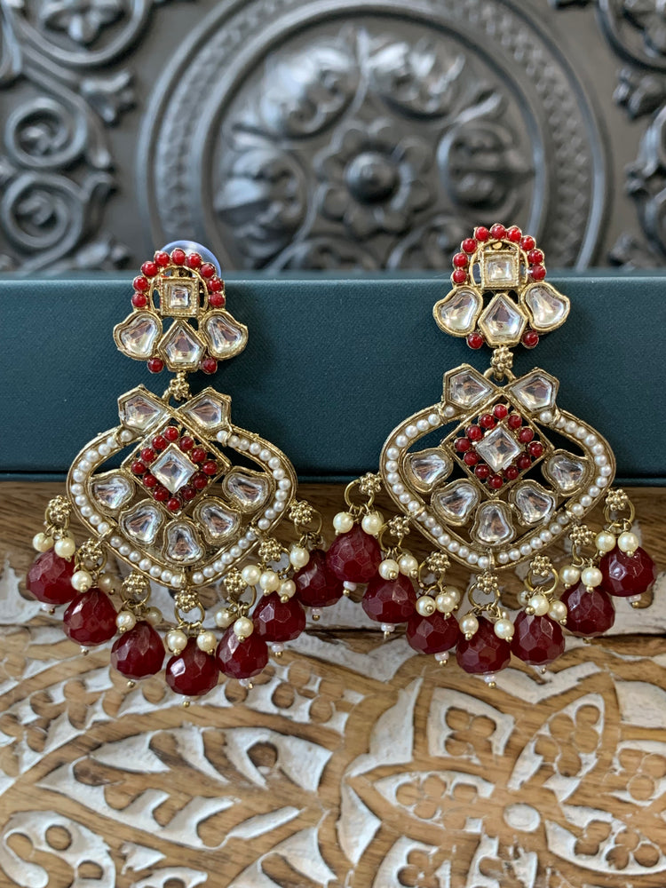 Dipti small to medium kundan earring gold red maroon burgundy