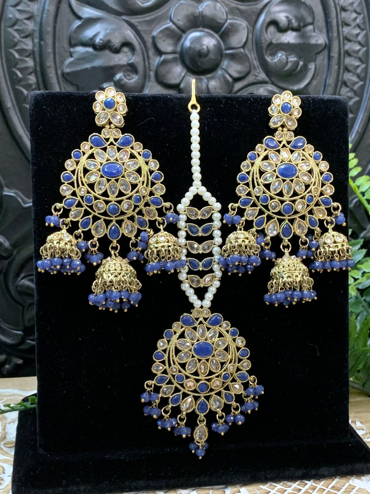 Kiana polki triple jhumki Chandbali style earring with matching tikka dark blue