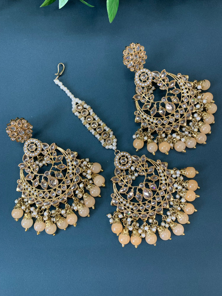 Bulbul polki statement earring tikka set antique gold/nude/peach