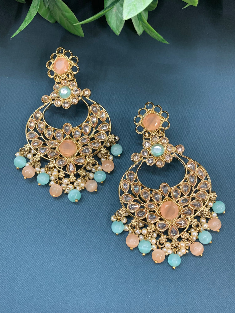 Thea polki chandbali earring antique base blue peach multi