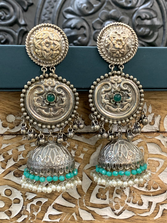 Soni black metal oxi jhumki earring teal