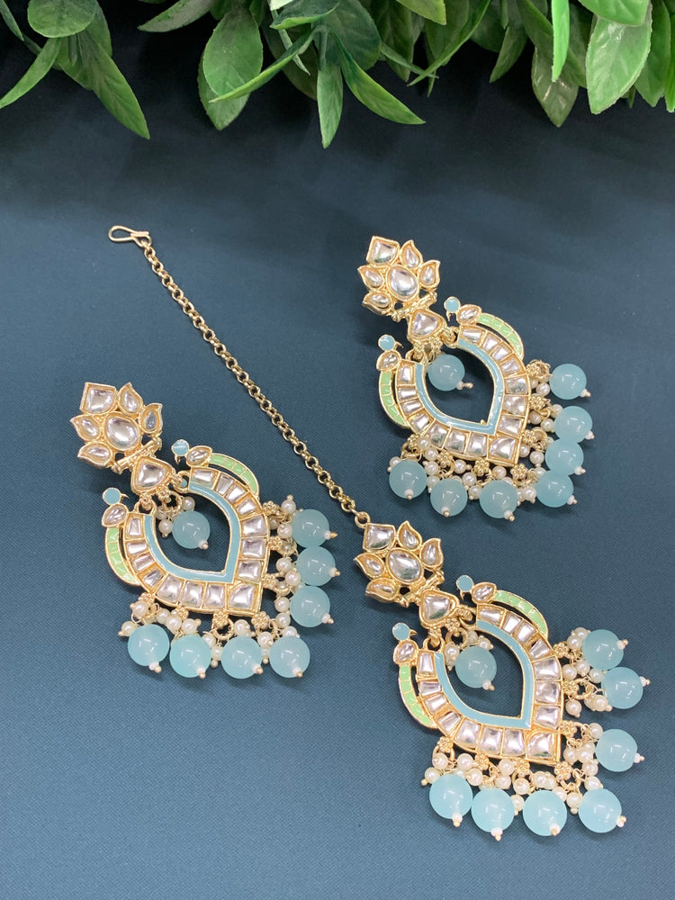 Amber kundan light weight earring tikka set baby blue