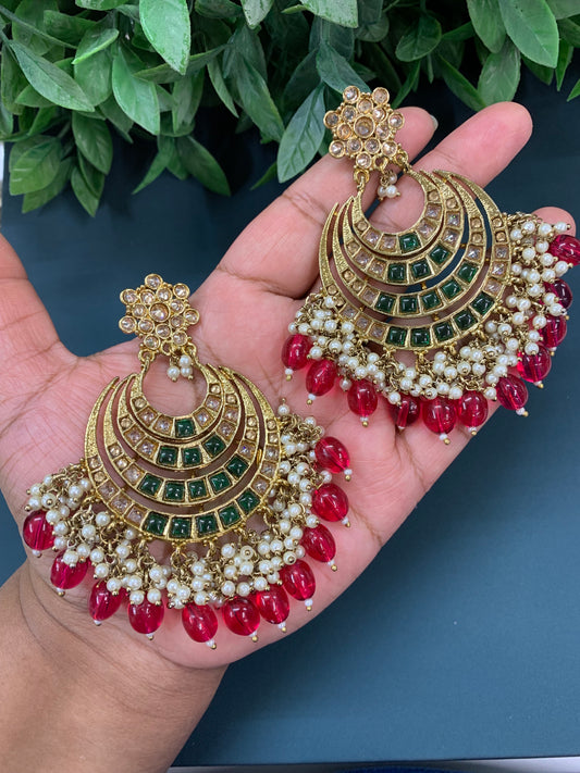 Bloom polki chandbali earring antique/ emerald green/ red