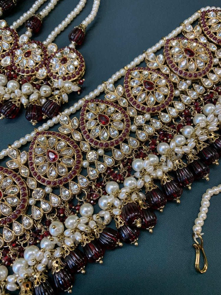 Razia choker necklace set with jhumar red maroon burgundy