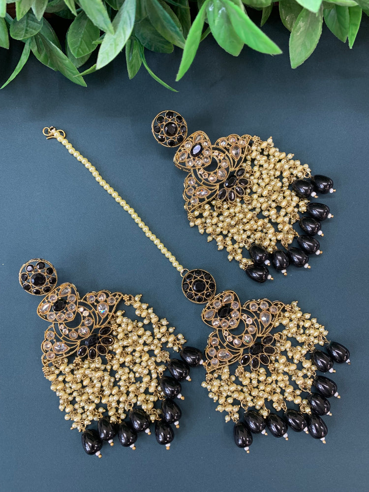 Cara statement polki earring tikka set pearl details and black