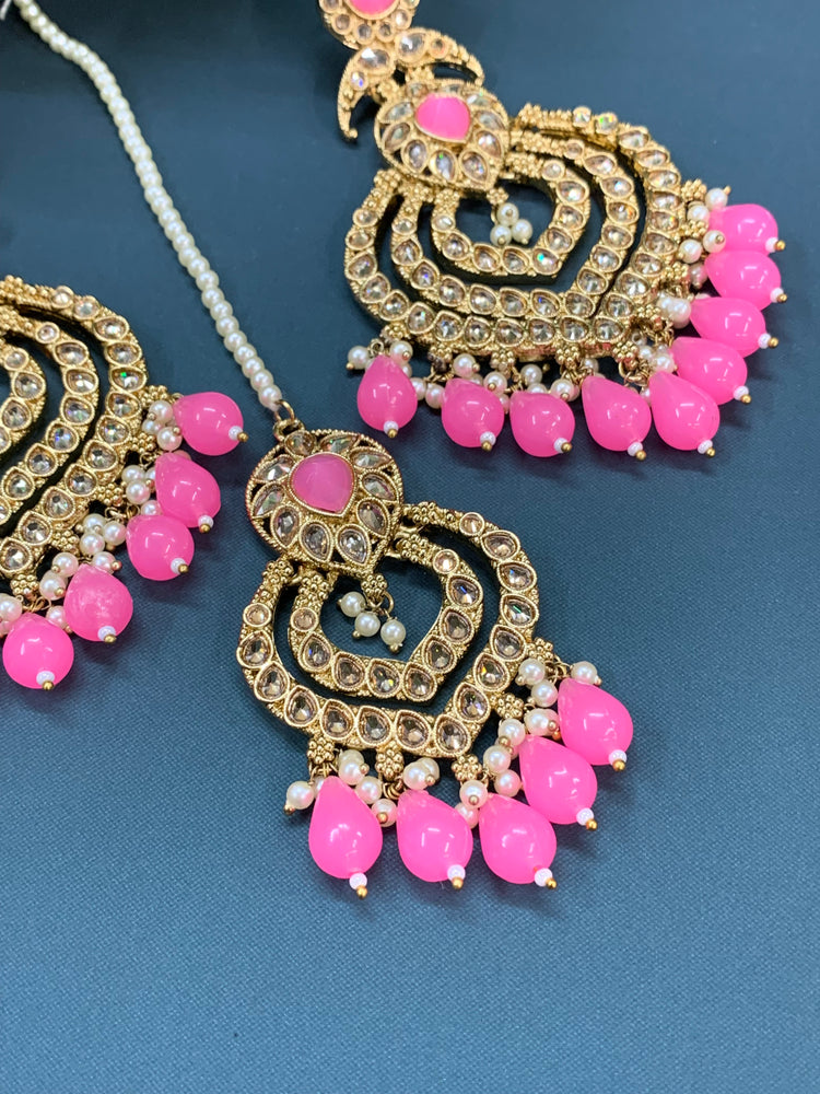 Tara polki Chandbali earring with matching tikka pink