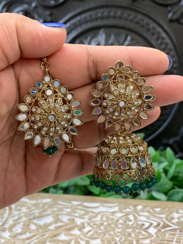 Dana mirror jhumki tikka antique gold and teal green