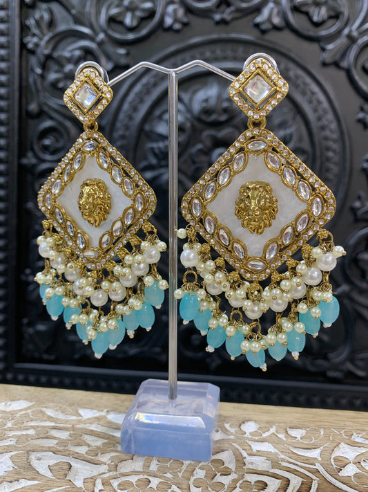 Amaya statement sabyasachi fashion earring tiger detail light blue / baby blue / pastel blue