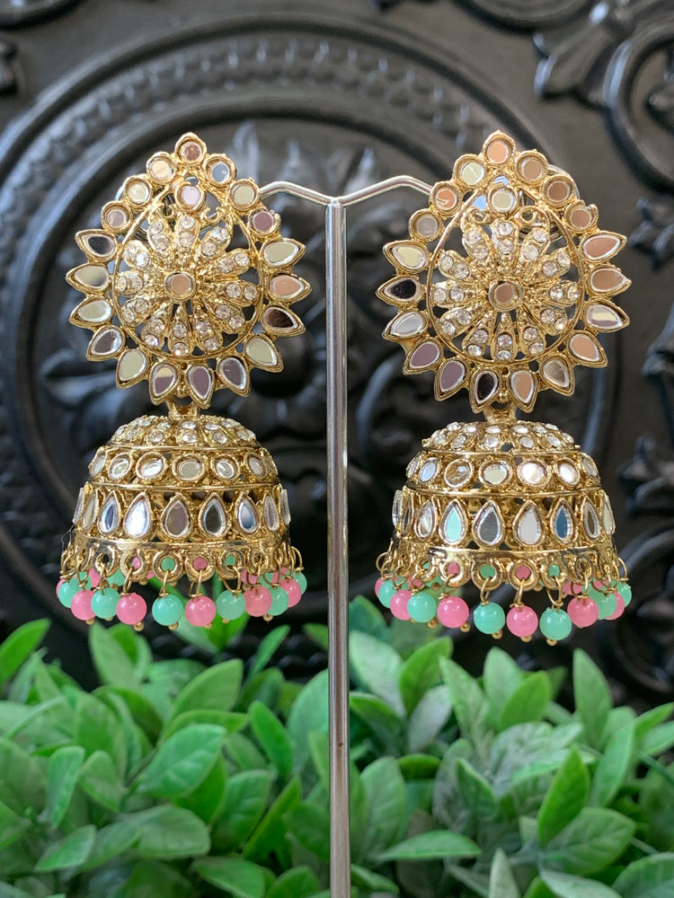 Dana mirror jhumki tikka antique gold and pastel multi