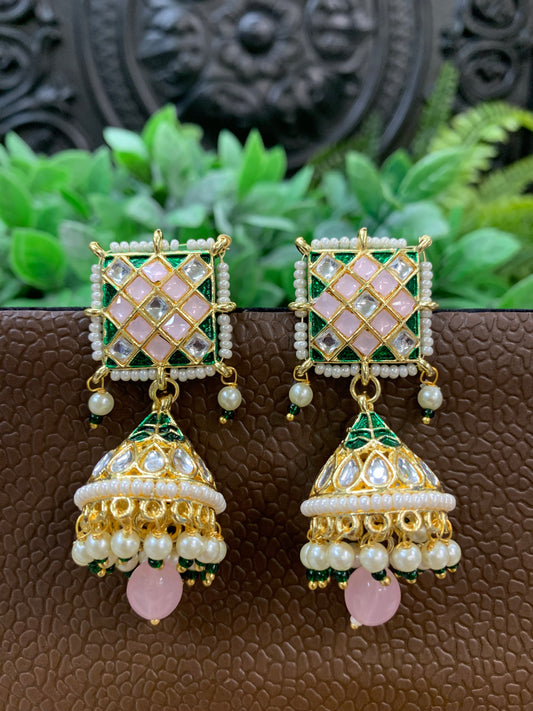 Saru kundan jhumki everyday wear small lightweight light pink