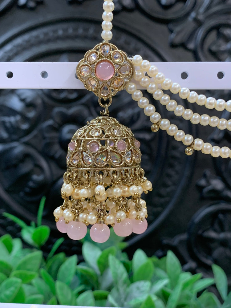 Shana triple layer bahubali sahare jhumki ear chain and matching tikka antique gold /pink