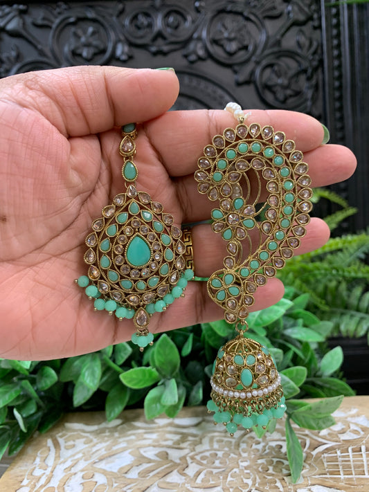 Jacklyn over the ear earring tikka jhumki sahare set mint