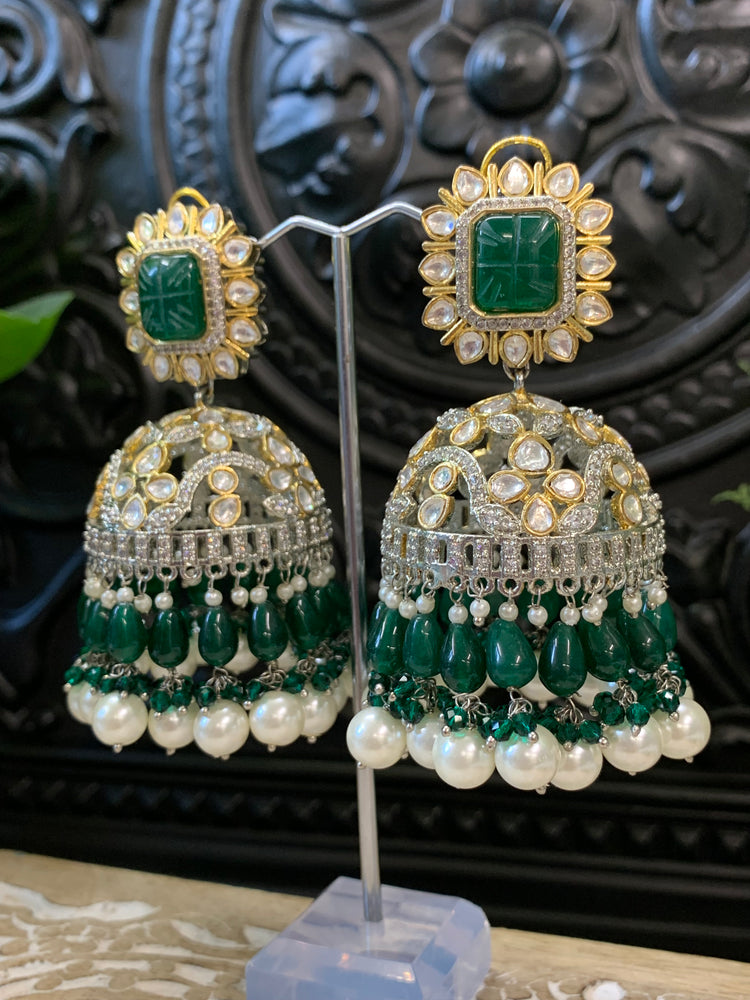 Meena kundan statement jhumka/jhumki earring green emerald