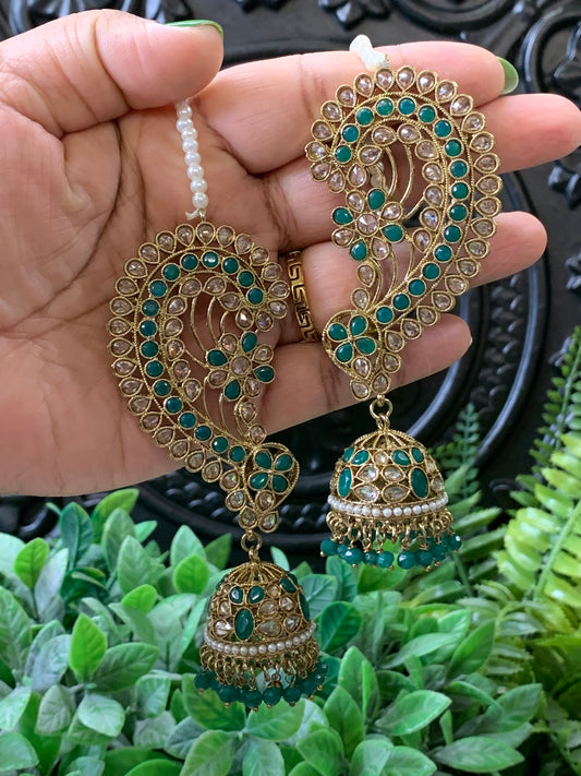 Jacklyn over the ear earring tikka jhumki sahare set emerald green