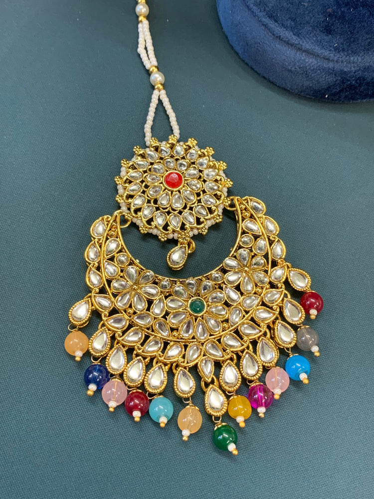 Zia traditional kundan jhumki with sahare and matching oversized tikka gold/multi