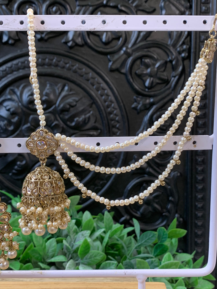 Shana triple layer bahubali sahare jhumki ear chain and matching tikka antique gold / pearl