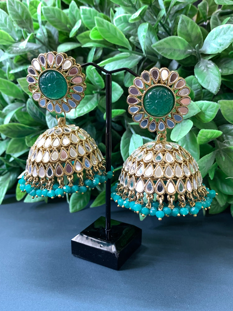 Romi mirror kundan jhumki/ jhumka earring emerald green