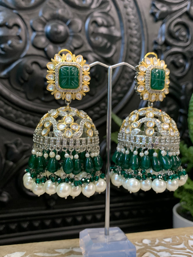 Meena kundan statement jhumka/jhumki earring green emerald