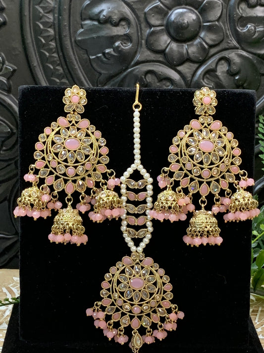 Kiana polki triple jhumki Chandbali style earring with matching tikka pink