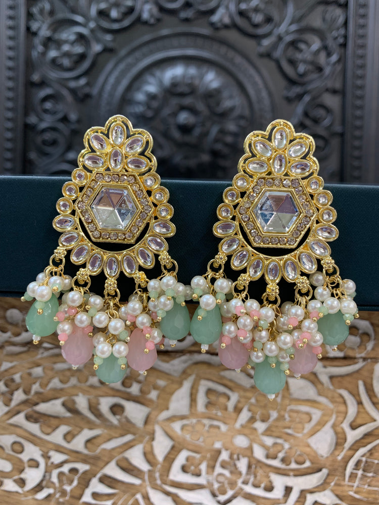 Jill gold kundan stud earring with crystal drops pastel multi