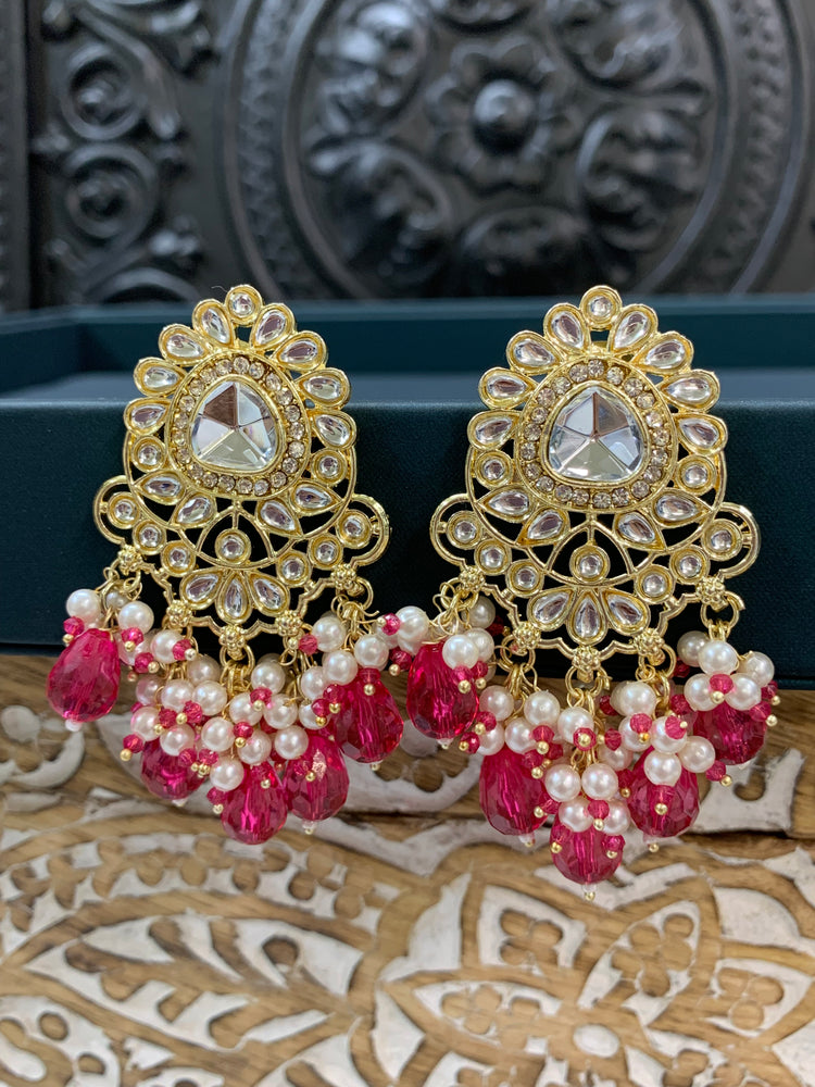 Joel gold kundan stud earring with magenta/ hot pink crystal