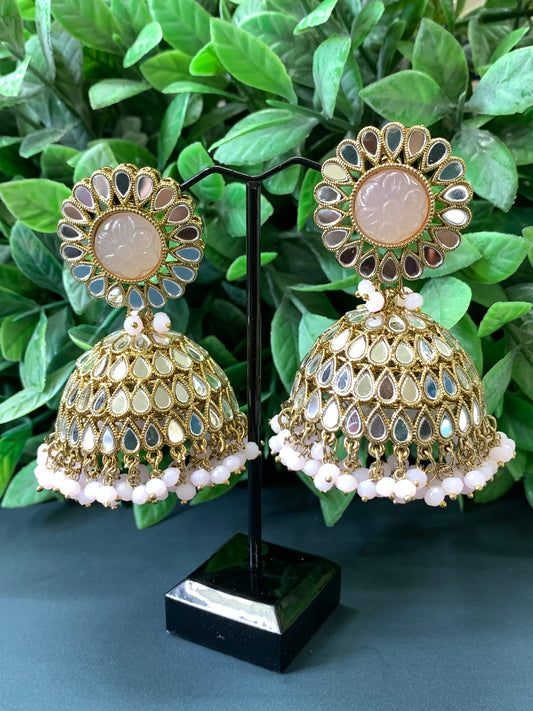 Romi mirror kundan jhumki/ jhumka earring blush pink