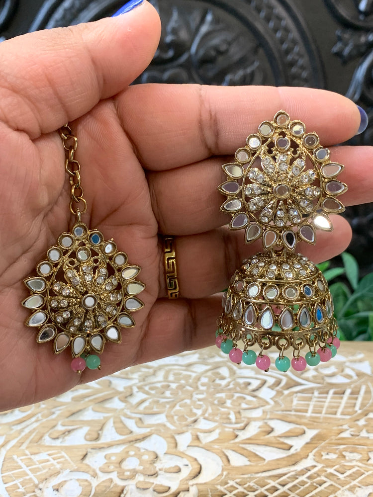 Dana mirror jhumki tikka antique gold and pastel multi