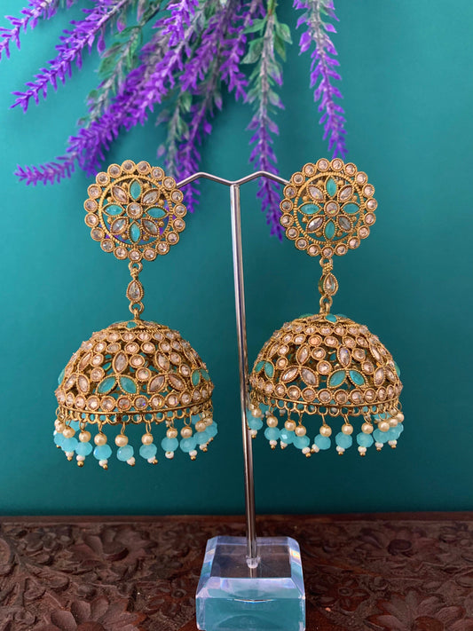 Rashi polki statement jhumki earring antique polki/ white pearl /sky blue / light blue