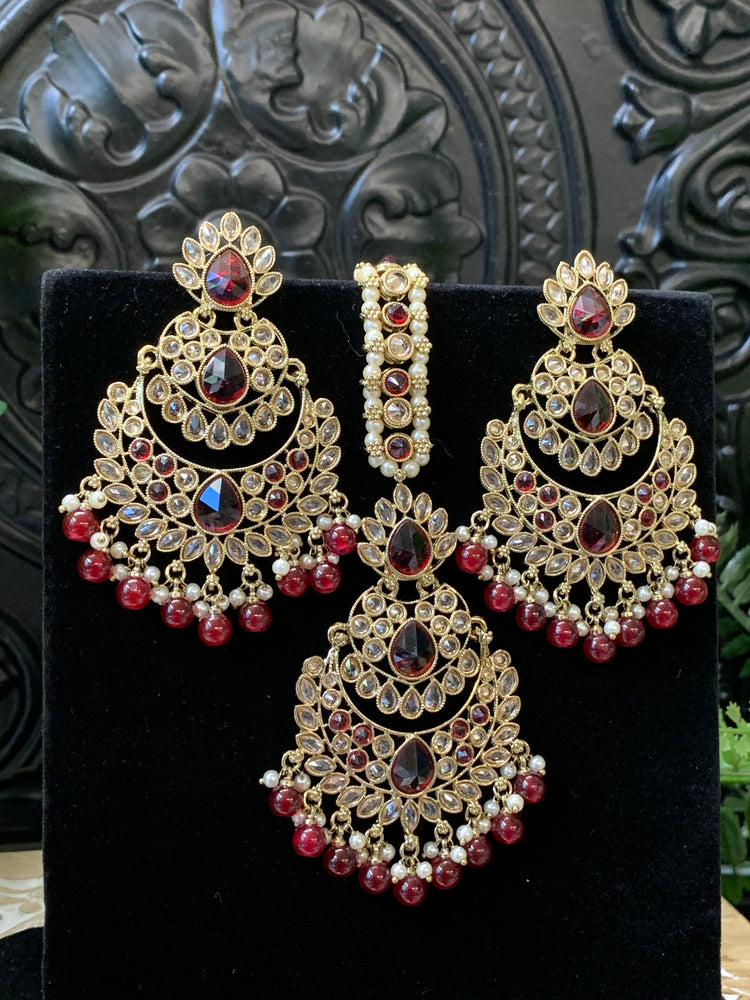 Marley reverse polki Chandbali earring tikka red maroon burgundy