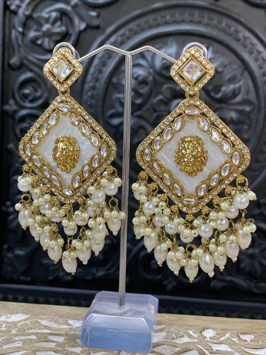 Amaya statement sabyasachi fashion earring tiger detail white pearl gold