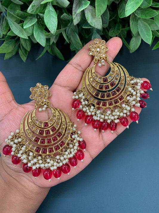 Bloom polki chandbali earring antique/ cherry red