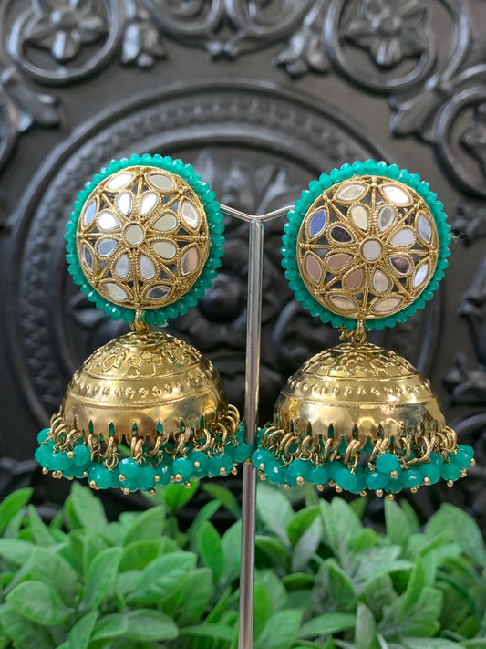 Kerry mirror jhumki tikka antique gold /teal green