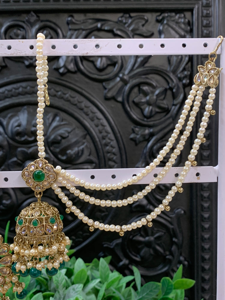 Shana triple layer bahubali sahare jhumki ear chain and matching tikka antique gold /emerald green