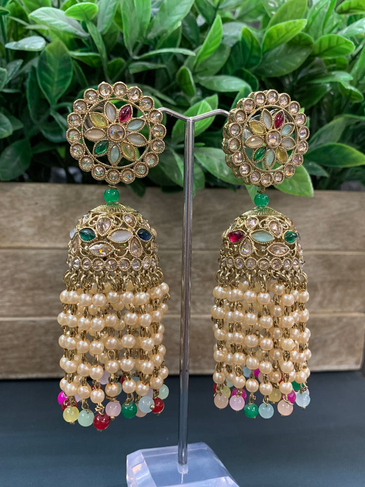 Mohua polki statement jhumki earring antique polki/ white pearl / multi