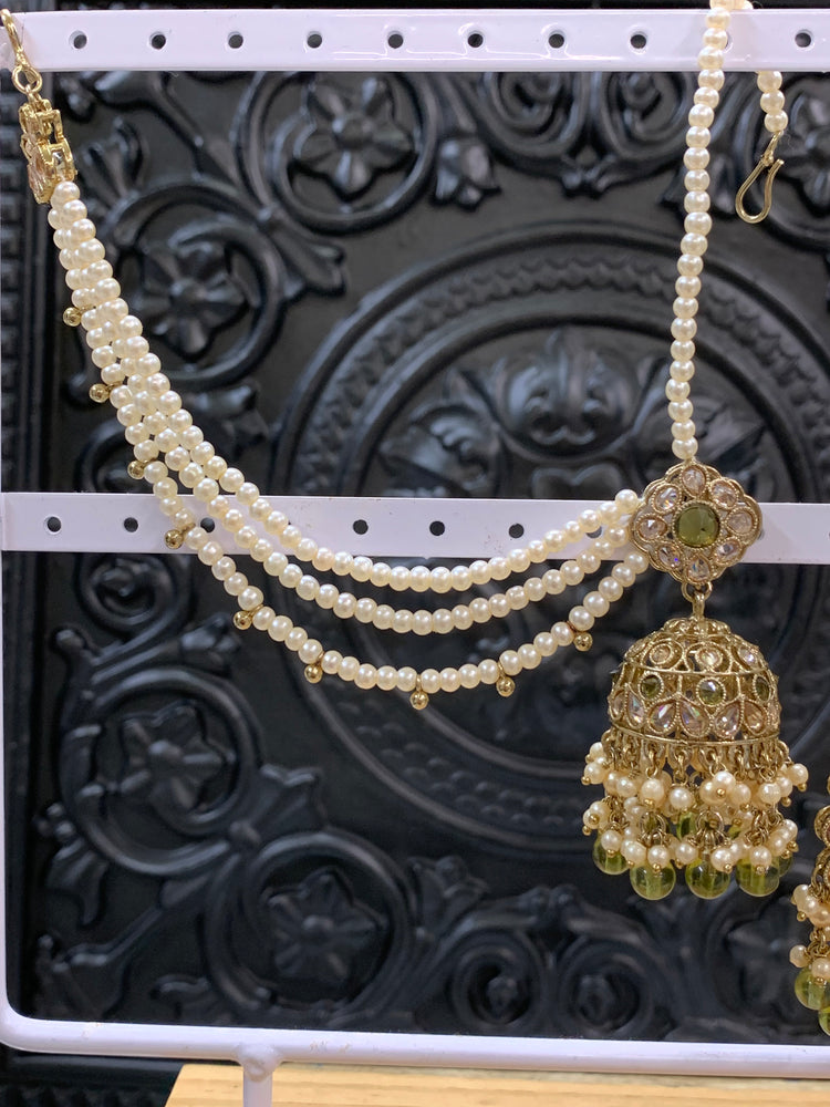 Shana triple layer bahubali sahare jhumki ear chain and matching tikka antique gold /olive green/mahendi green