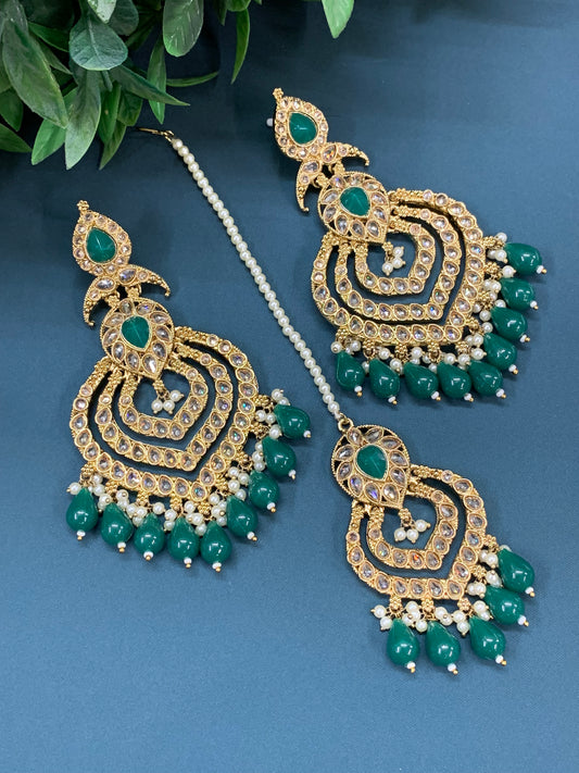 Tara polki Chandbali earring with matching tikka emerald green