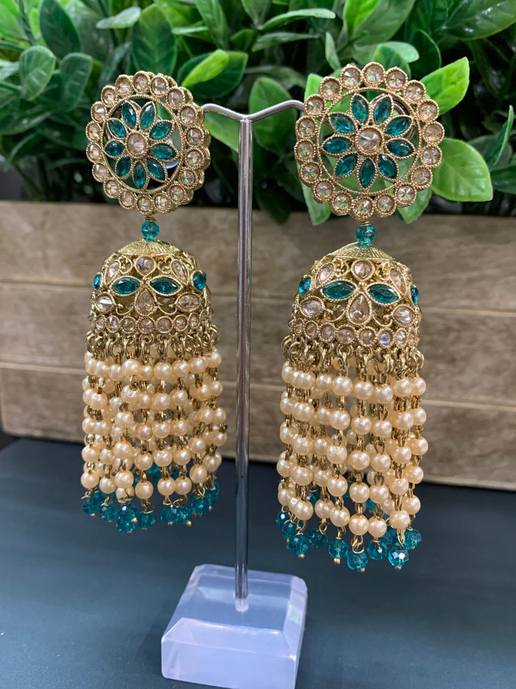 Mohua polki statement jhumki earring antique polki/teal green/pearl