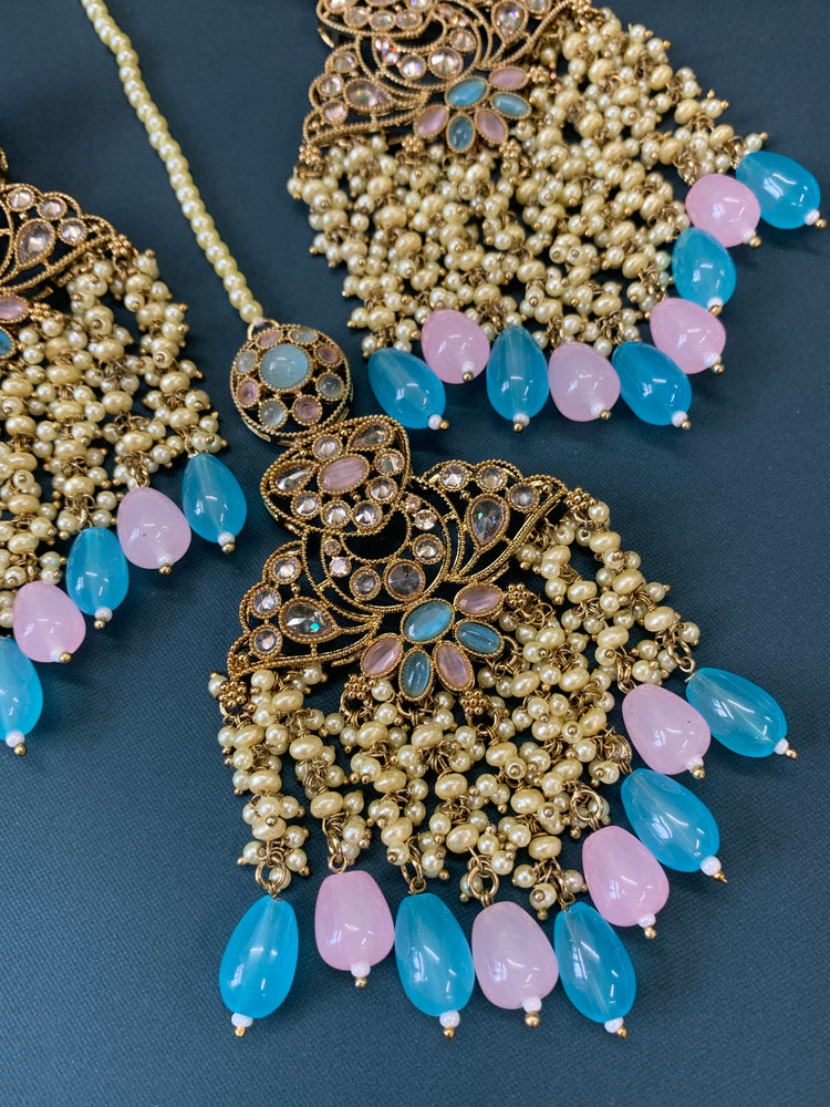 Cara statement polki earring tikka set pearl details and pink blue multi